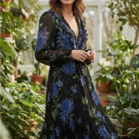 Anthropologie Dresses & Skirts - Anthropologie Black Dress with Blue Floral Print